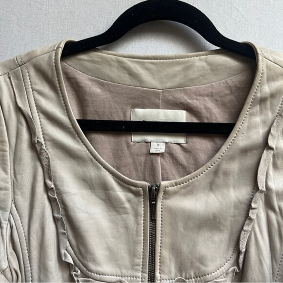Hinge beige scoop neck zipper leather jacket Sz M - Picture 5 of 15